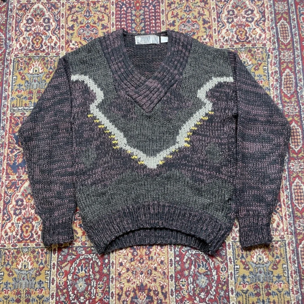 Vintage Men's V Neck Knit‎ Sweater Geometric Pattern Multicolored Size L